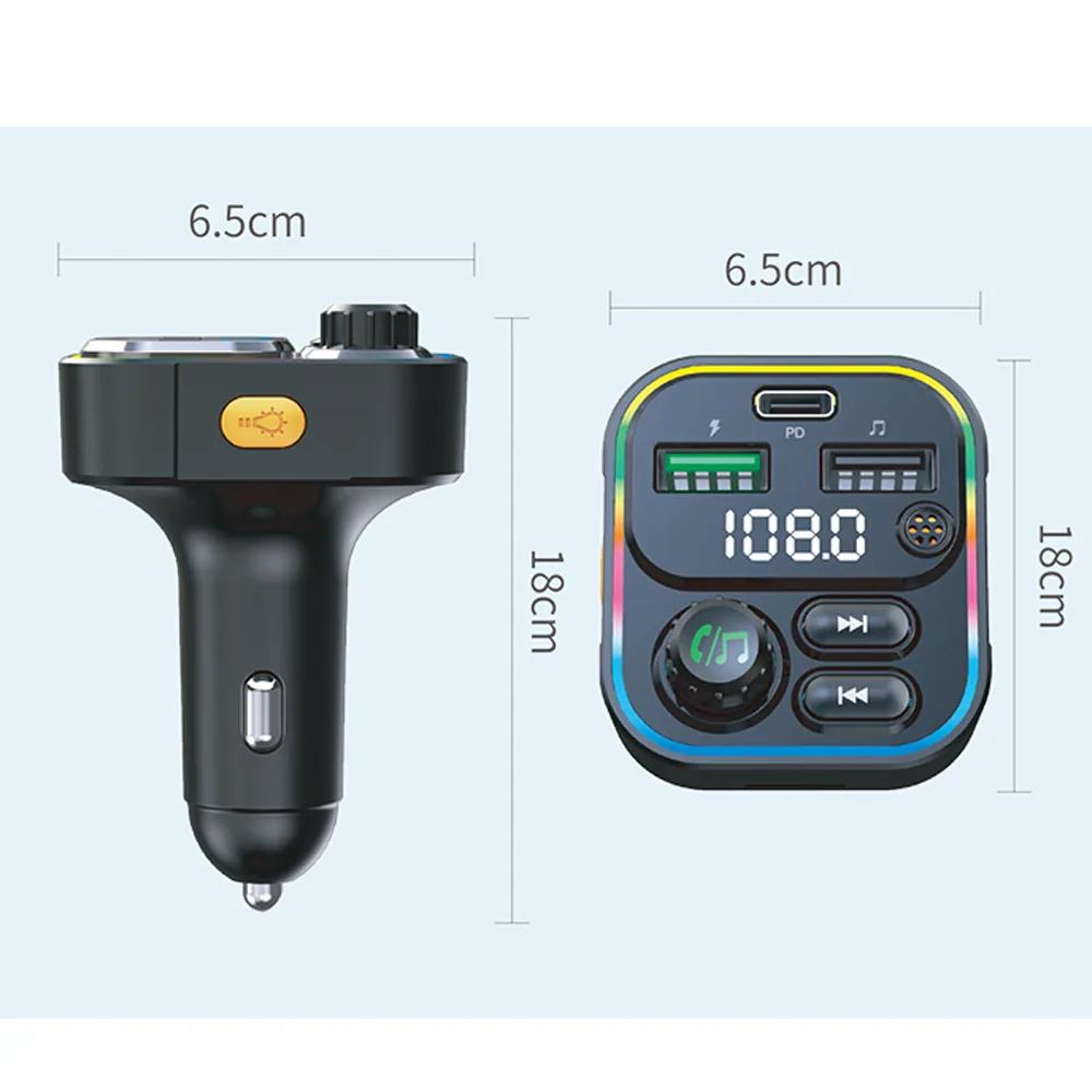 Cross border 22.5w super fast charging bluetooth fm transmitter colorful light dual usb mobile phone qc pd car charger