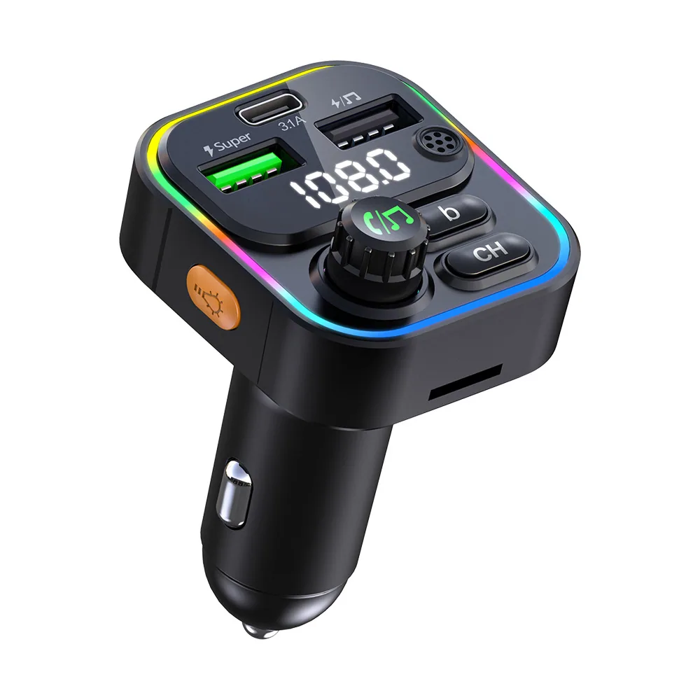 Cross border 22.5w super fast charging bluetooth fm transmitter colorful light dual usb mobile phone qc pd car charger 4