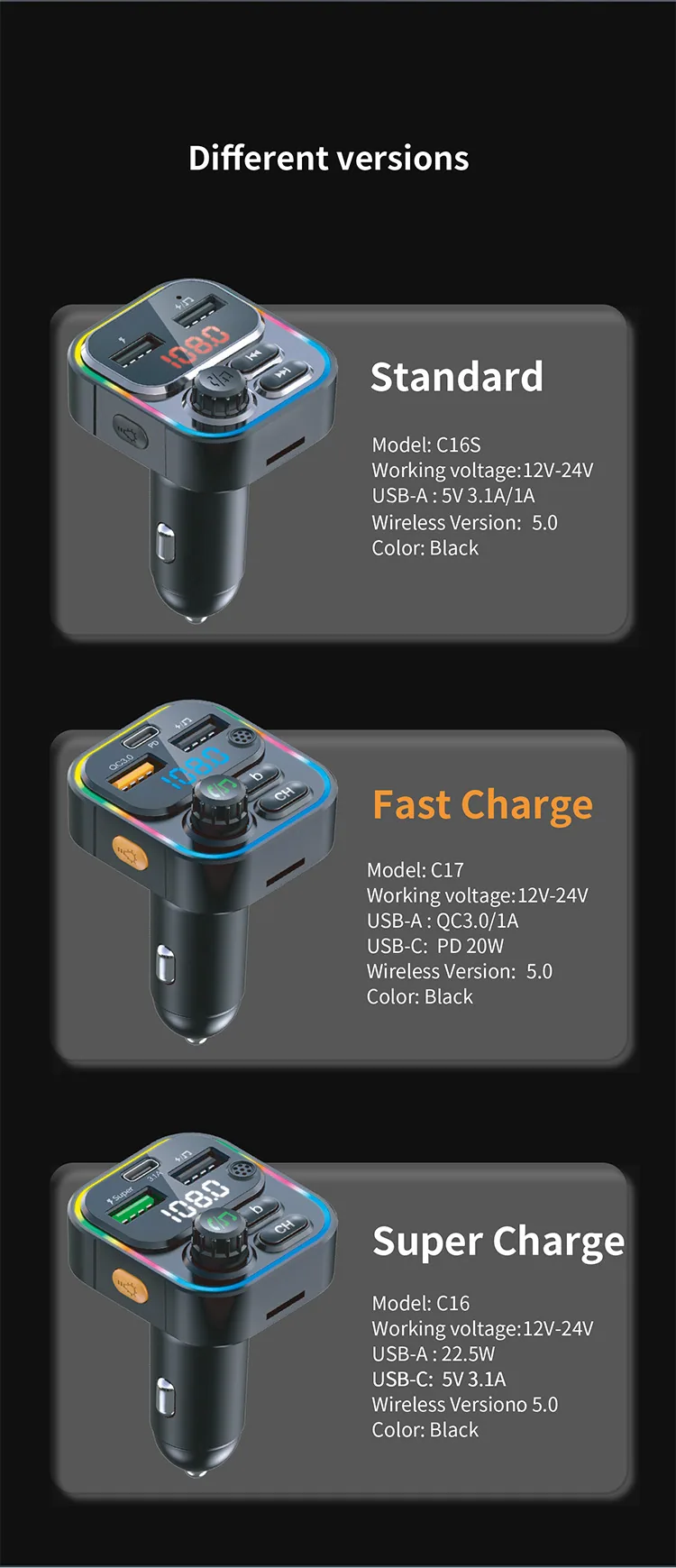 Cross border 22.5w super fast charging bluetooth fm transmitter colorful light dual usb mobile phone qc pd car charger 14