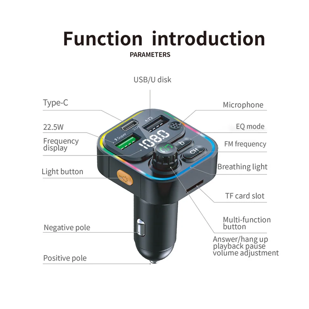Cross border 22.5w super fast charging bluetooth fm transmitter colorful light dual usb mobile phone qc pd car charger 2