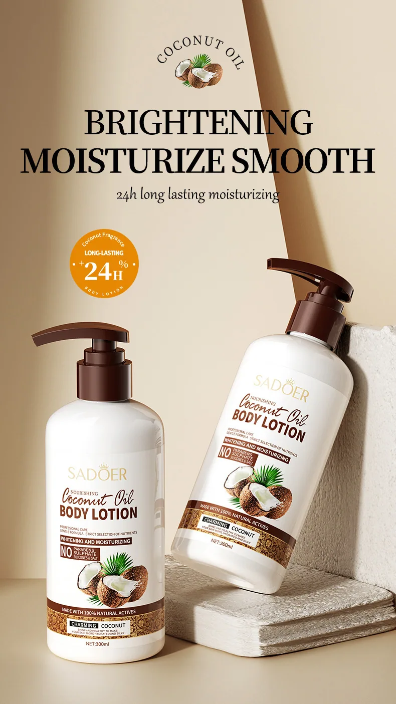 The application effect of SADOER coconut body lotion is moisturizing, hydrating, and odor-eliminating. It is a cross-border s