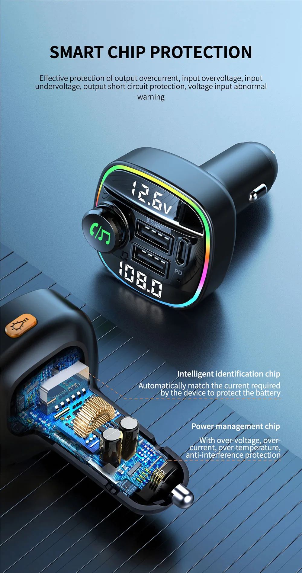 Pemancar FM kereta pengesanan voltan paparan dwi kereta mp3 pemain bluetooth usb pengecas pantas pengecasan pd pengecasan pantas 19