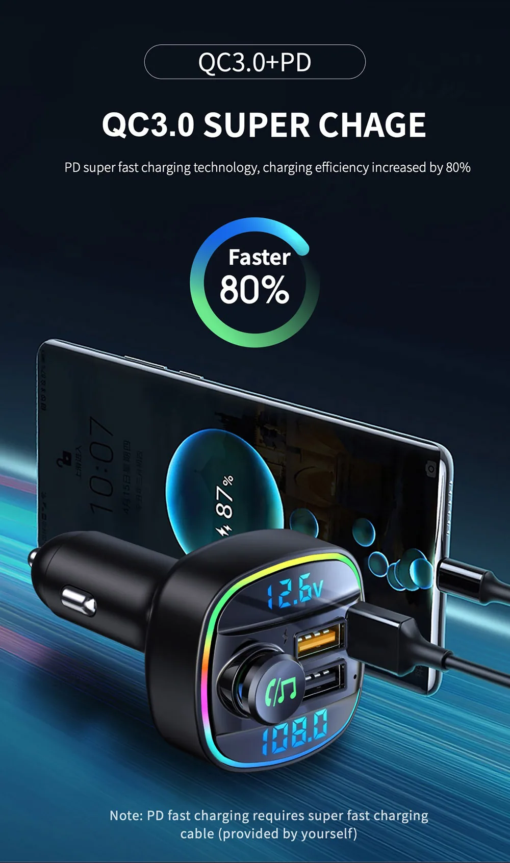 Pemancar FM kereta pengesanan voltan paparan dwi kereta mp3 pemain bluetooth usb pengecas pantas pengecasan pd pengecasan pantas 7