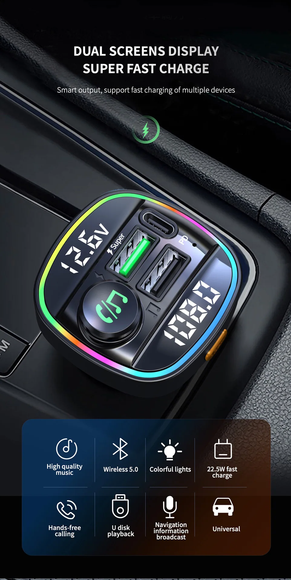 Pemancar FM kereta pengesanan voltan paparan dwi kereta mp3 pemain bluetooth usb pengecas pantas pengecasan pd pengecasan pantas 10