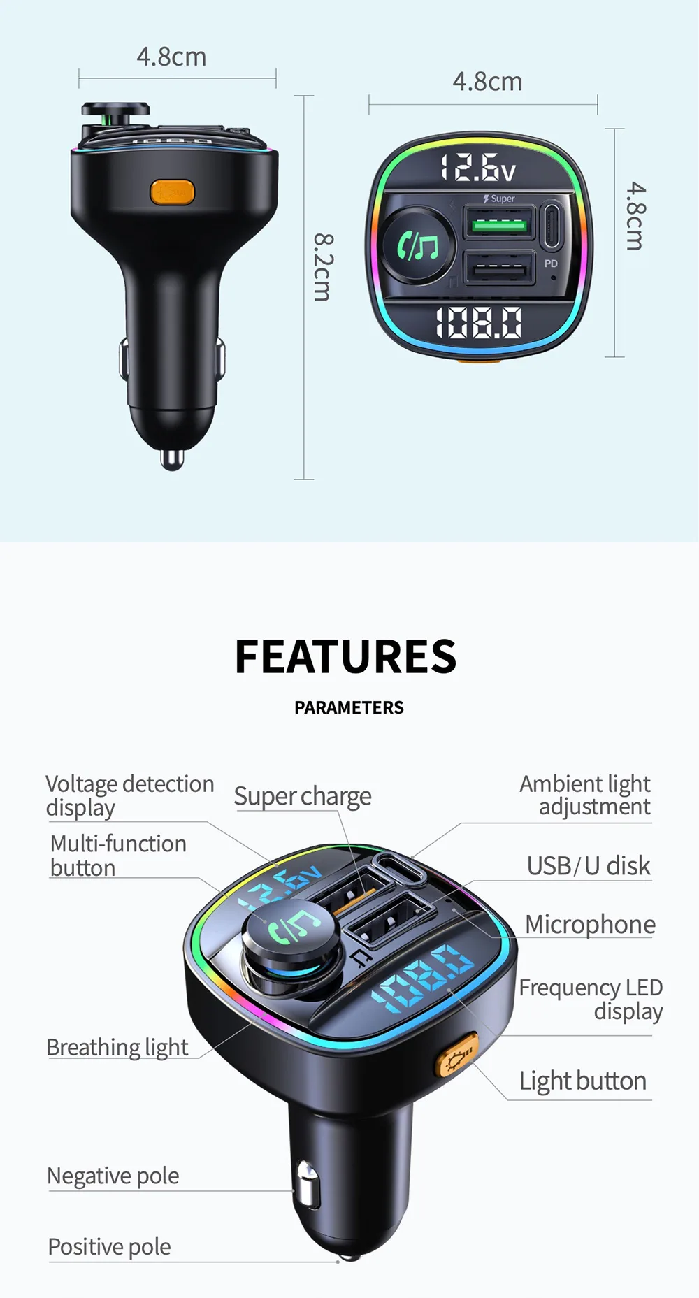 Pemancar FM kereta pengesanan voltan paparan dwi kereta mp3 pemain bluetooth usb pengecas pantas pengecasan pd pengecasan pantas 15