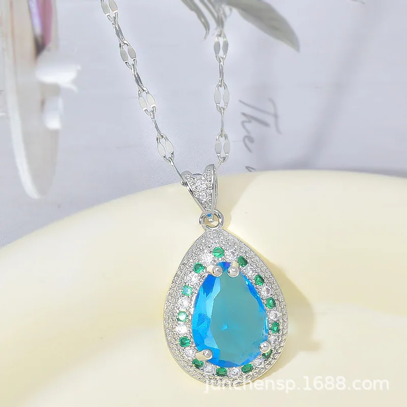 European and American sapphire necklace womens micro inlay high-end sense super flash zircon pendant does not fade jewelry set 2