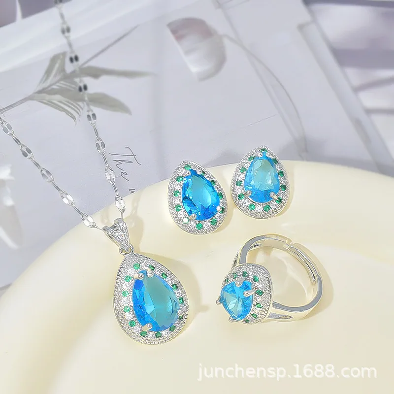 European and American sapphire necklace womens micro inlay high-end sense super flash zircon pendant does not fade jewelry set 8