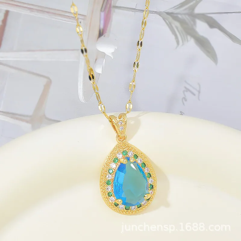 Cross-border European and American sapphire necklace womens micro inlay high-end super flash zirconia water pendant does not fa