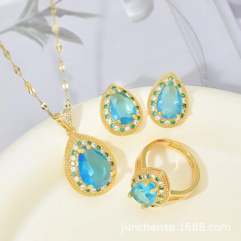 European and American sapphire necklace womens micro inlay high-end sense super flash zircon pendant does not fade jewelry set 7