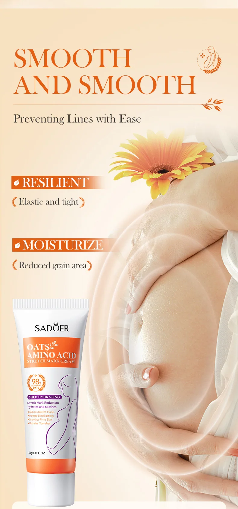 SADOER Oat Stretch Mark Cream usage scene image, gentle skincare body lotion, daily care for skin renewal.