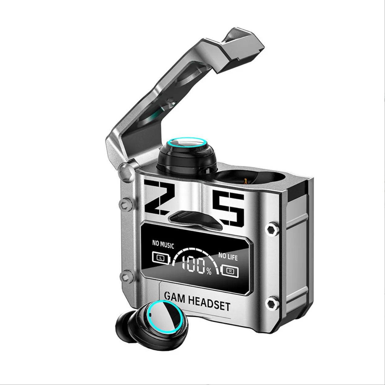 Reka bentuk mecha baharu cat logam M35 pembatalan hingar alat dengar wayarles 5.3 paparan digital set kepala bluetooth dalam telinga mempunyai lar 6
