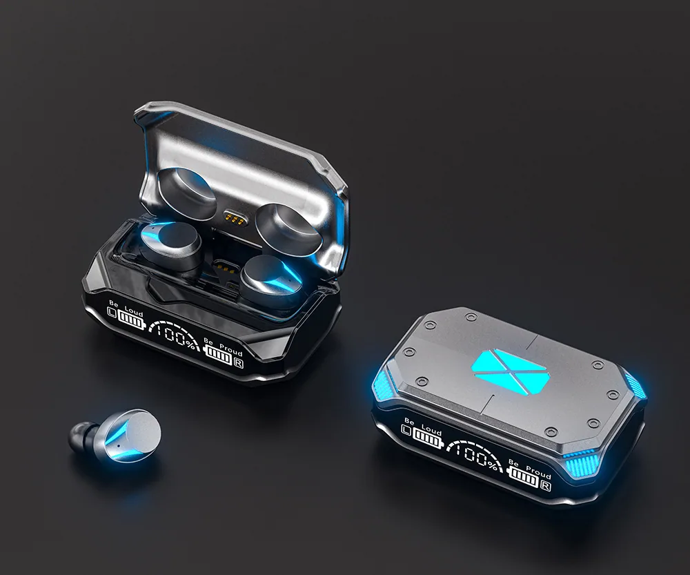 Reka bentuk mecha baharu cat logam M35 pembatalan hingar alat dengar wayarles 5.3 paparan digital set kepala bluetooth dalam telinga mempunyai lar 7
