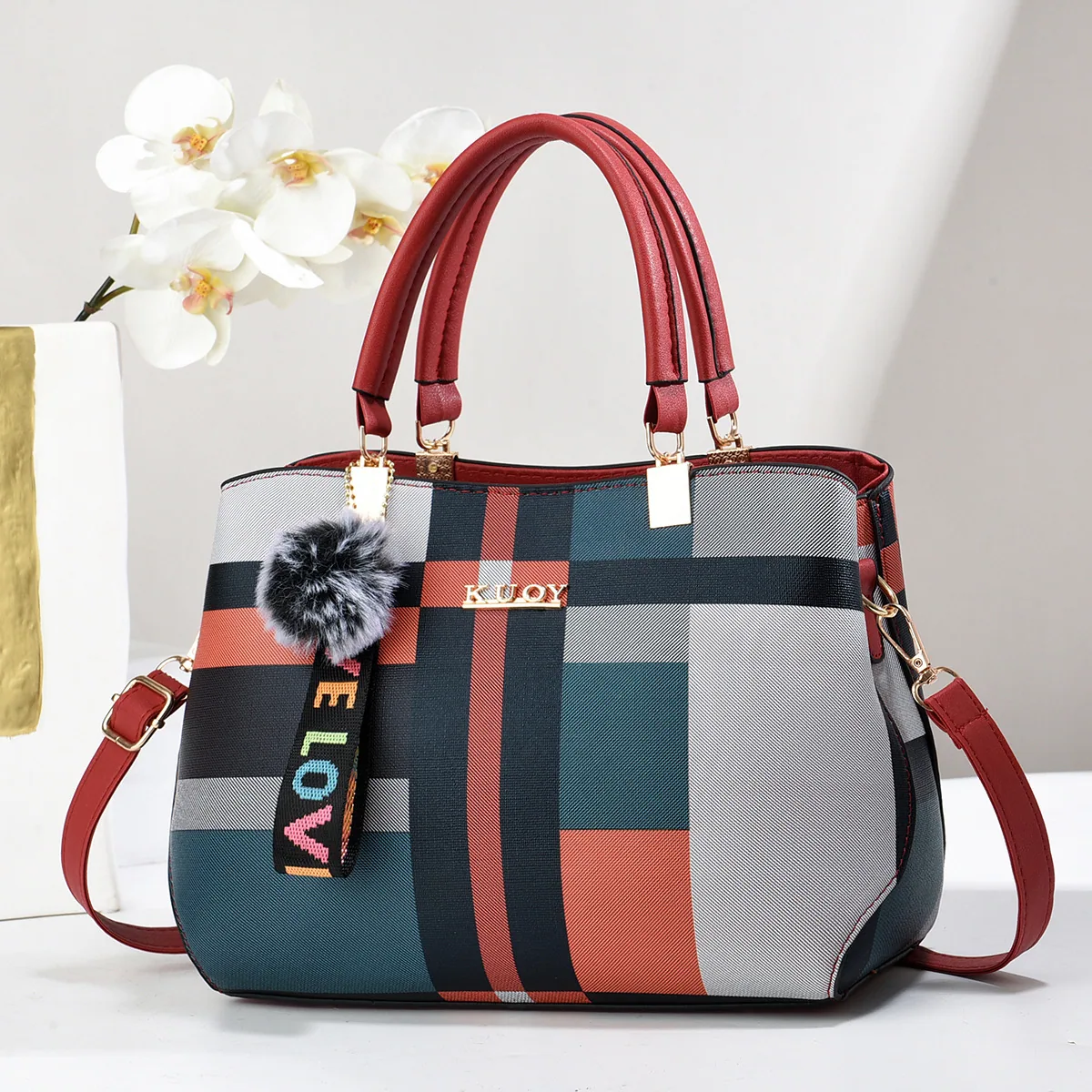 Foreign trade hits, a shipping Taizhou womens bag, large-capacity handbag, womens bag, new flower checkered shoulder crossbody b - Bag & Luggage Making Materials 4