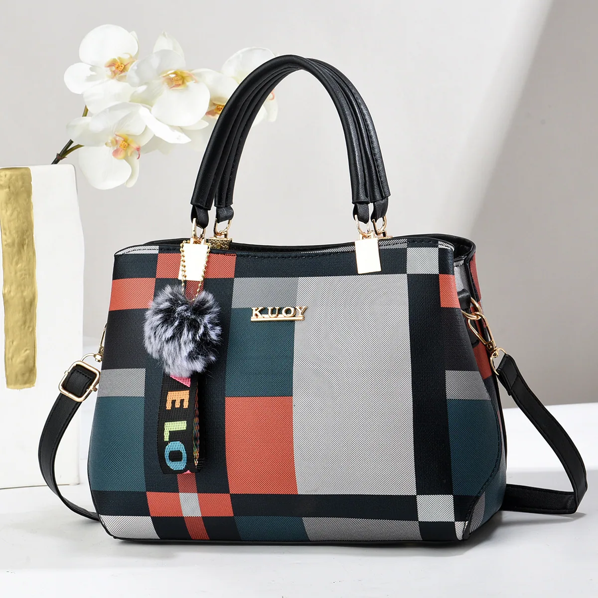 Foreign trade hits, a shipping Taizhou womens bag, large-capacity handbag, womens bag, new flower checkered shoulder crossbody b - Bag & Luggage Making Materials