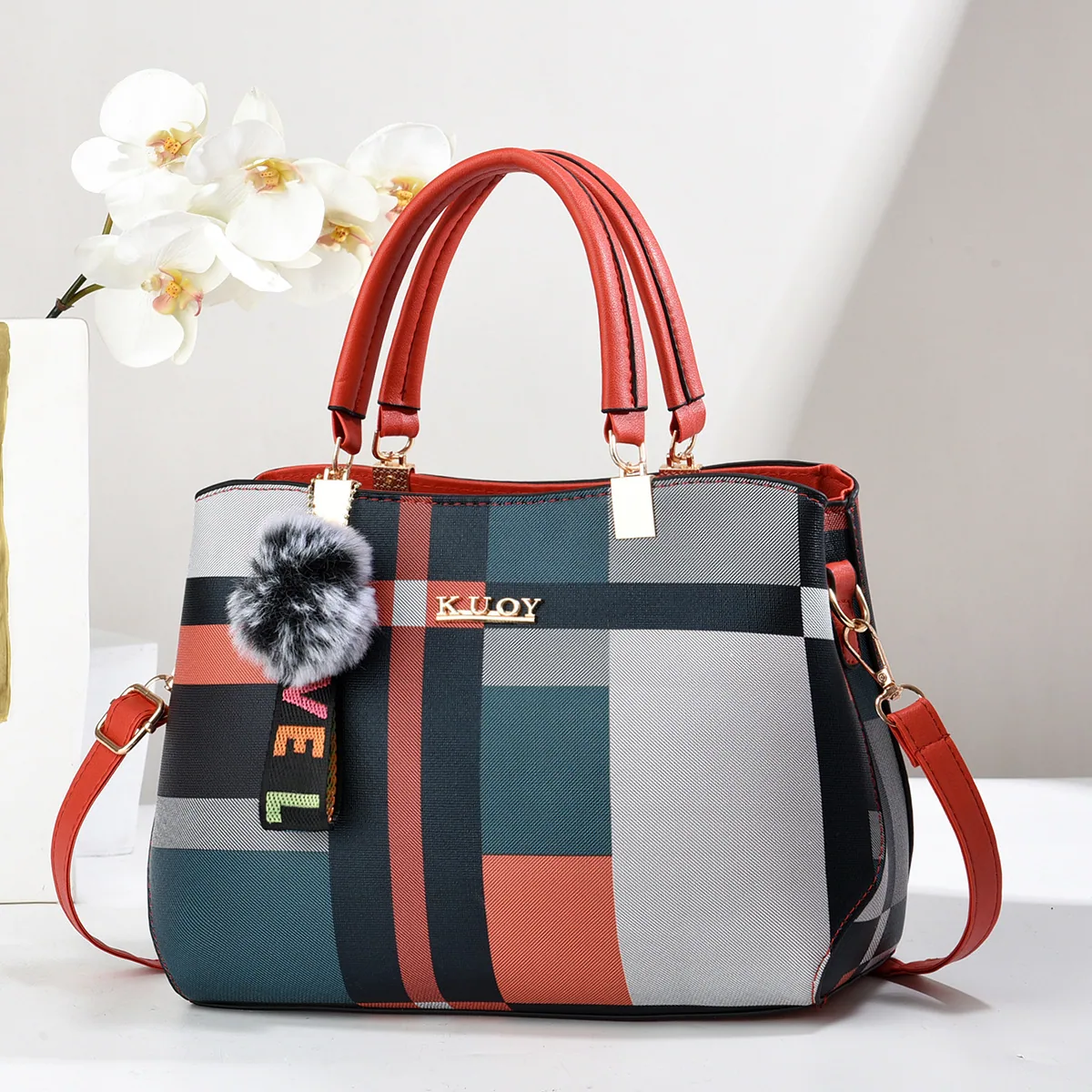 Foreign trade hits, a shipping Taizhou womens bag, large-capacity handbag, womens bag, new flower checkered shoulder crossbody b - Bag & Luggage Making Materials 2