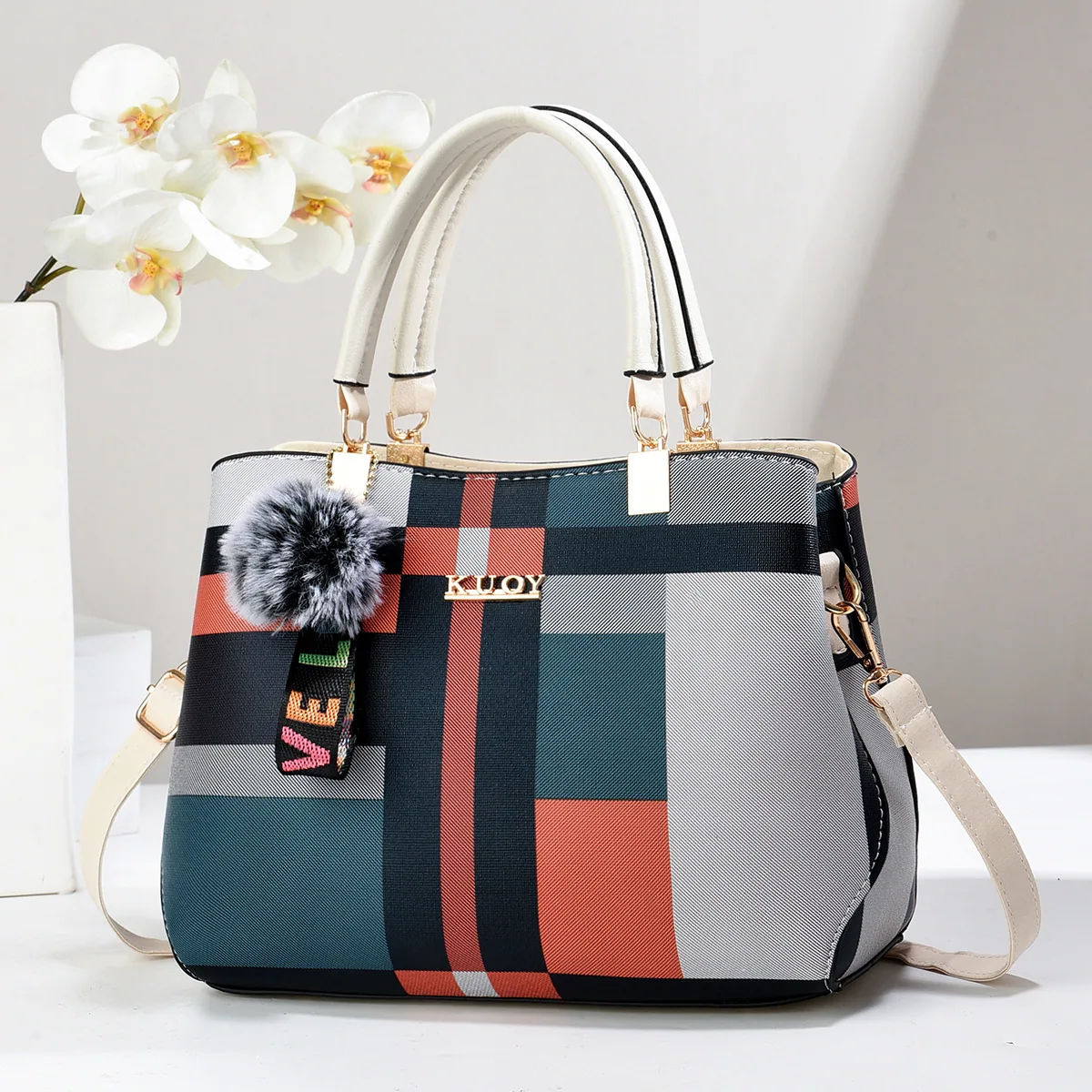 Foreign trade hits, a shipping Taizhou womens bag, large-capacity handbag, womens bag, new flower checkered shoulder crossbody b - Bag & Luggage Making Materials 5