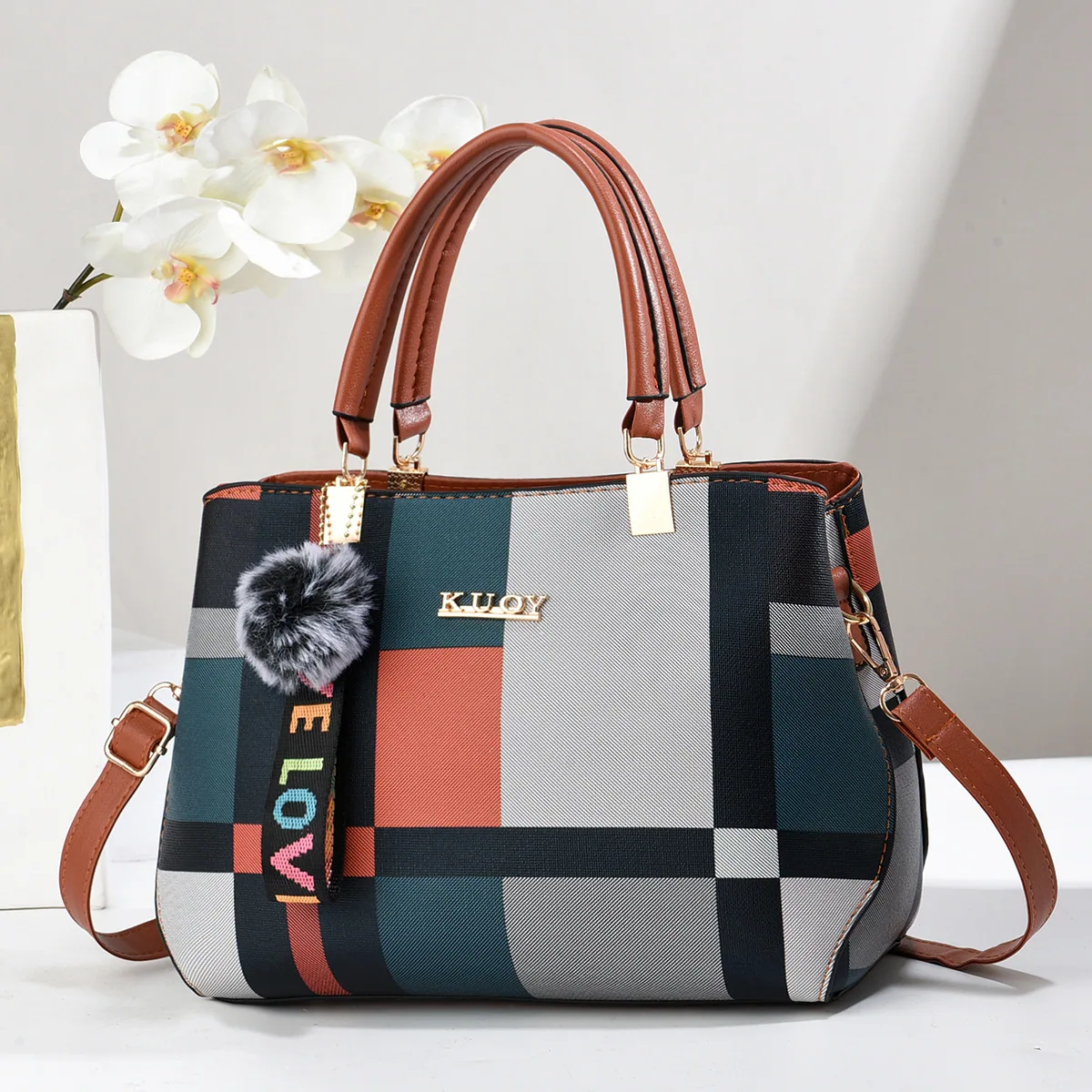Foreign trade hits, a shipping Taizhou womens bag, large-capacity handbag, womens bag, new flower checkered shoulder crossbody b - Bag & Luggage Making Materials 3