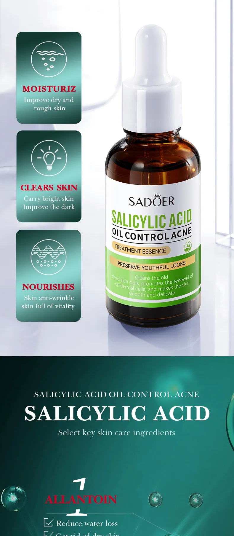 SADOER Salicylic Acid Acne Removing essence, specification and dimension marking, oil control, repair and close pores, facial