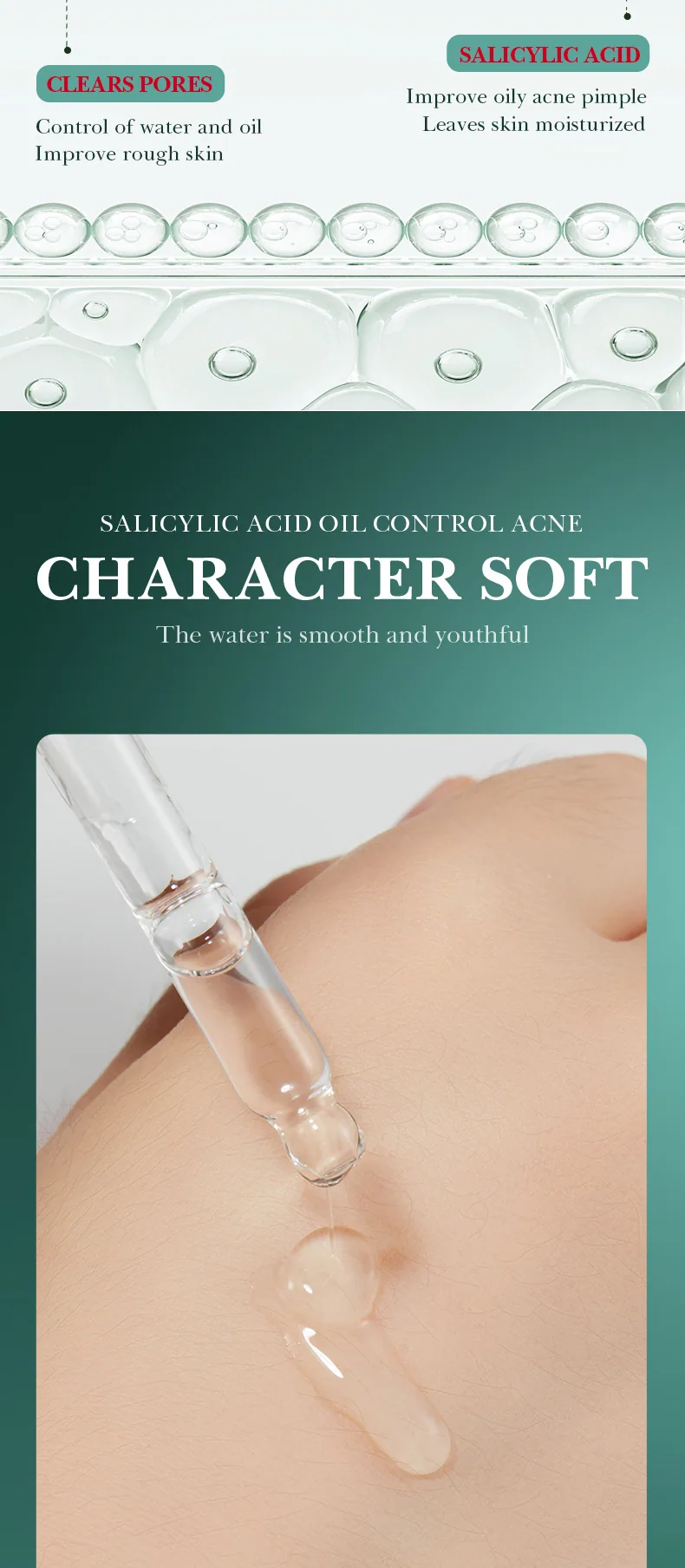 SADOER Salicylic Acid Acne Removing essence shows its texture, controls oil, repairs and lightens acne marks, and is a dual-u