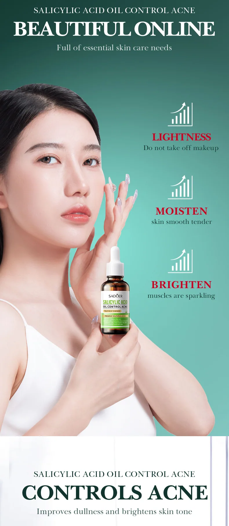 Detailed close-up of SADOER Salicylic Acid Oil Control&Acne Removing essence Liquid, fade acne marks, shrink pores, facial an