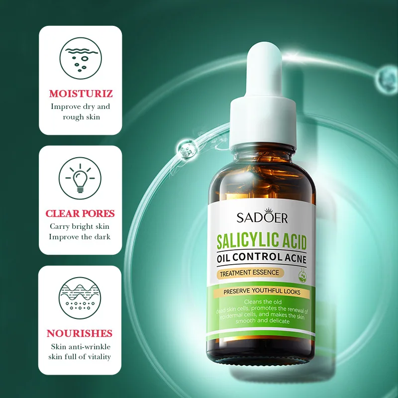 Close up of bottle details of SADOER Salicylic Acid essence Liquid, oil control and acne removing formula, fade acne marks an