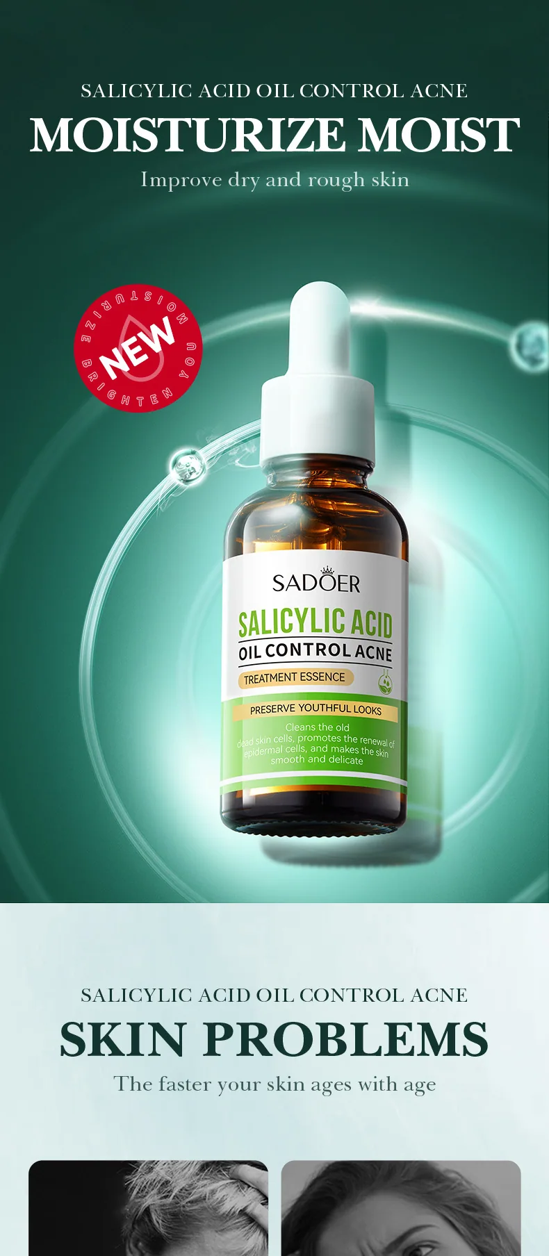 SADOER Salicylic Acid Acne Removing essence is packaged and displayed to control oil, repair and fade acne marks, face and bo