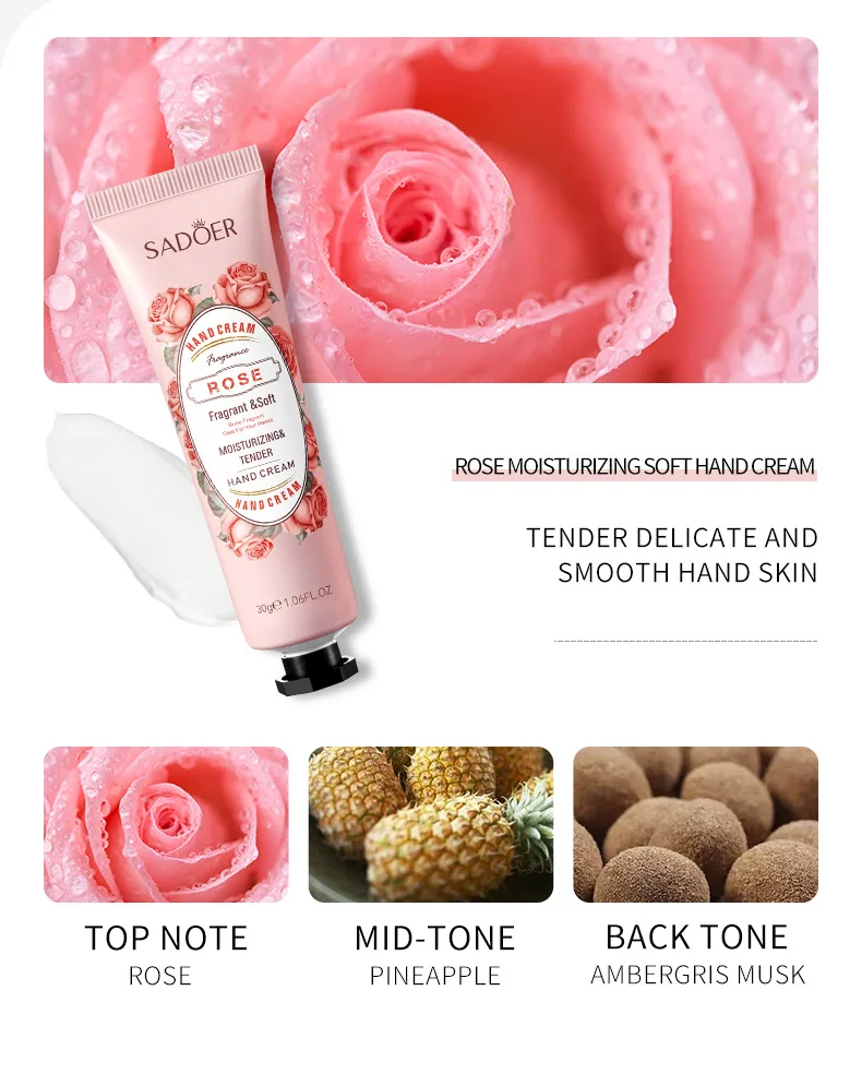 Close up of the texture of SADOER shea butter hand cream, the cream is smooth and easy to absorb, fresh, not greasy and moist