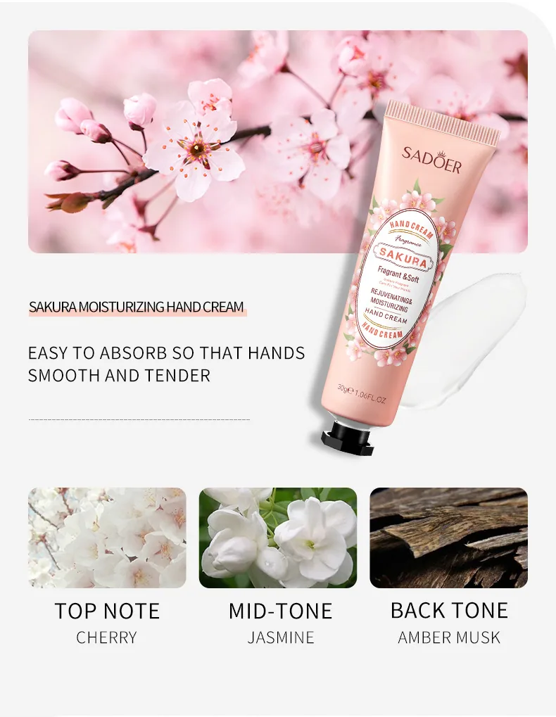 SADOER Avocado Hand Cream: Close up of the front details of the tube, moisturizing and softening hands, refreshing and non gr