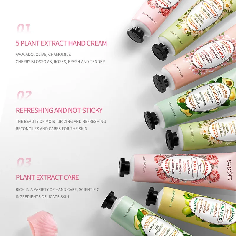 SADOER avocado hand cream applied to the back of the hand scene, refreshing, moisturizing, and softening the skin on both han