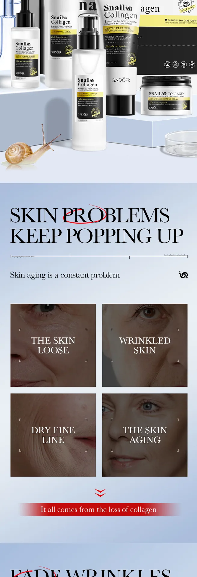 SADOER Snail Collagen facial mask Components and Efficacy Diagram Firming Anti Wrinkle Moisturizing Skin Care Package Selling