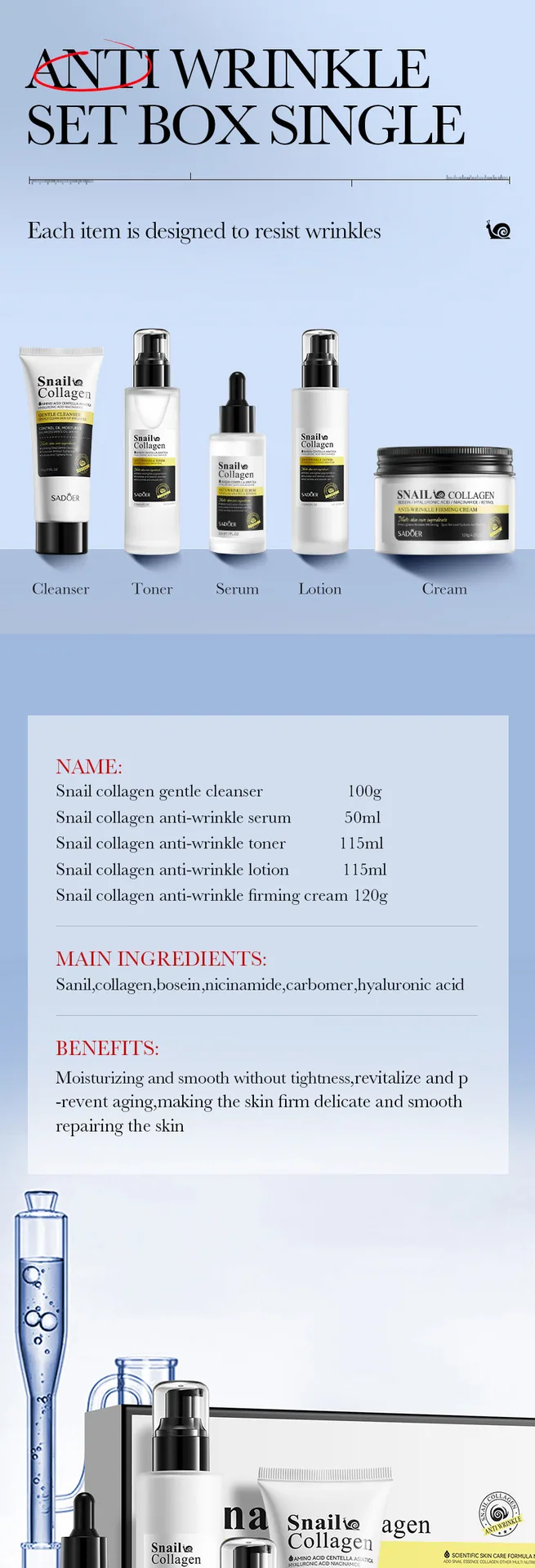 SADOER Snail Collagen facial mask Packing Details Close up Firming Anti wrinkle Moisturizing Skin Care Set Yiwu Foreign Trade