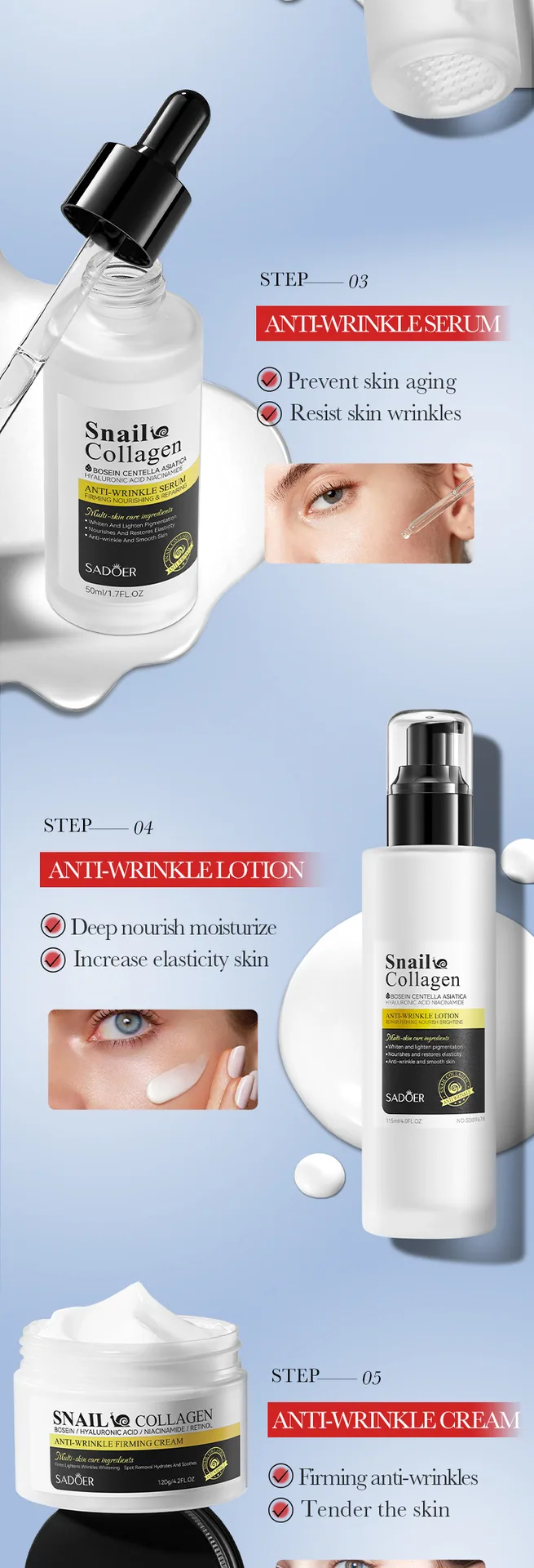 SADOER Snail Collagen Firming Anti Wrinkle facial mask Use Scenarios Show Face and Body Care Cross border E-commerce