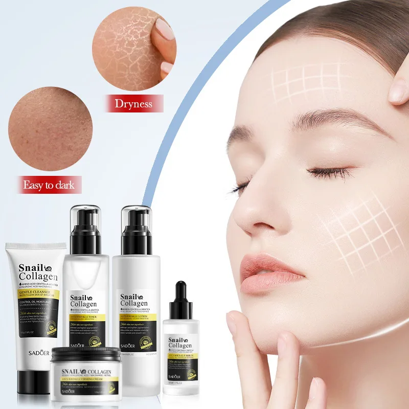 SADOER Snail Collagen Skin Care Set facial mask Texture Paste Close up Firming Anti Wrinkle Moisturizing Ingredients Display
