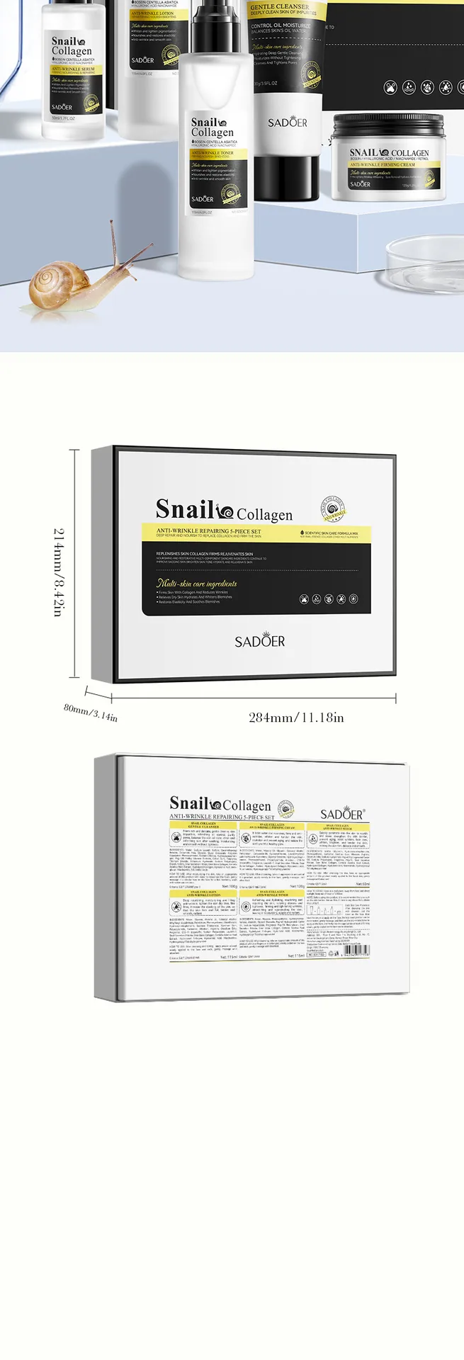 SADOER Snail Collagen Firming Anti Wrinkle Series facial mask Detail Feature Moisturizing Skin Care Set Cross border E-commer