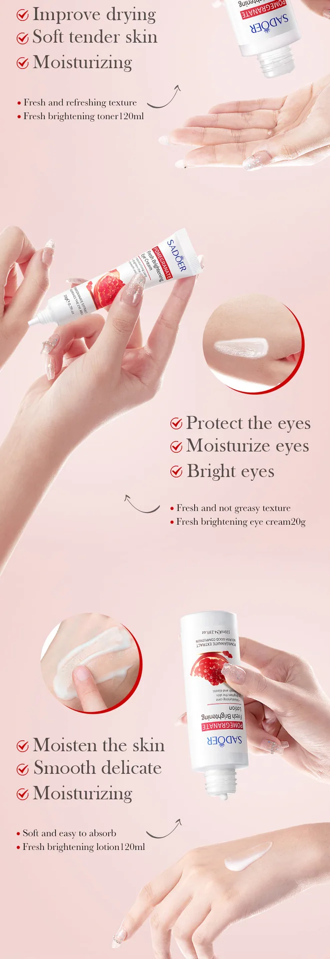 The 9th detail picture of SADOER pomegranate skin care package shows the texture of facial cleanser and moisturizing ingredie
