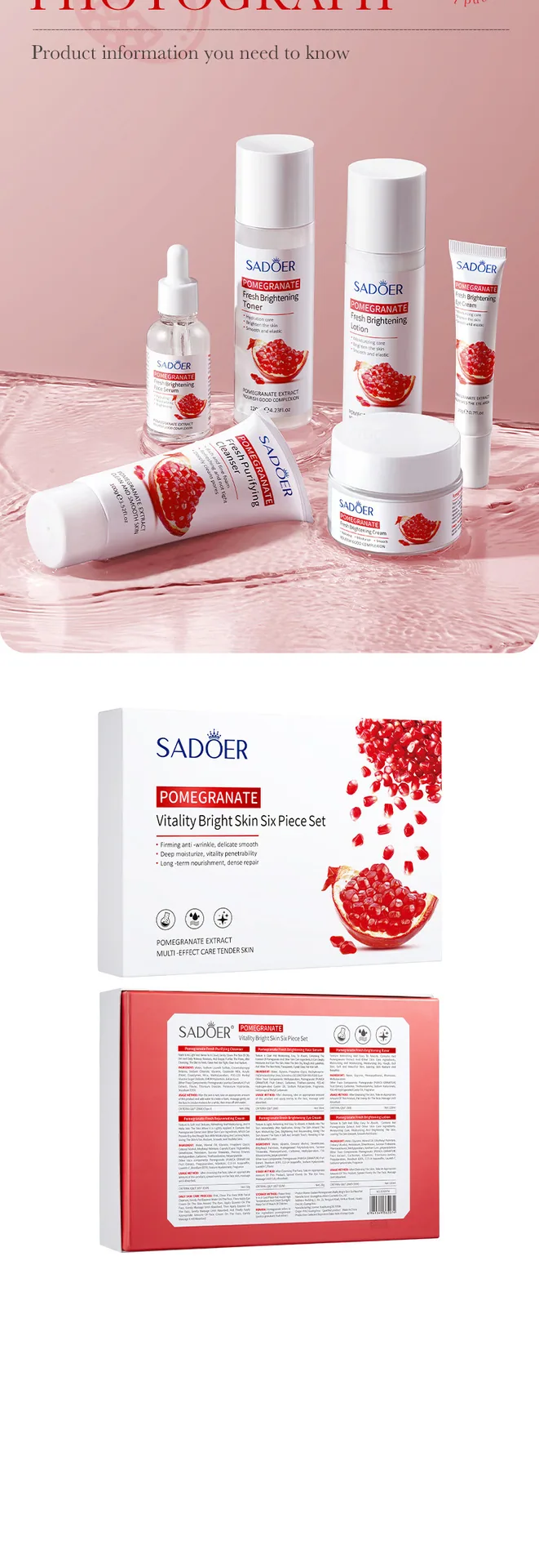 SADOER Pomegranate Skincare Set Sheet 16, Cross border Export Packaging Appearance, Display English Labels and Wholesale Spec