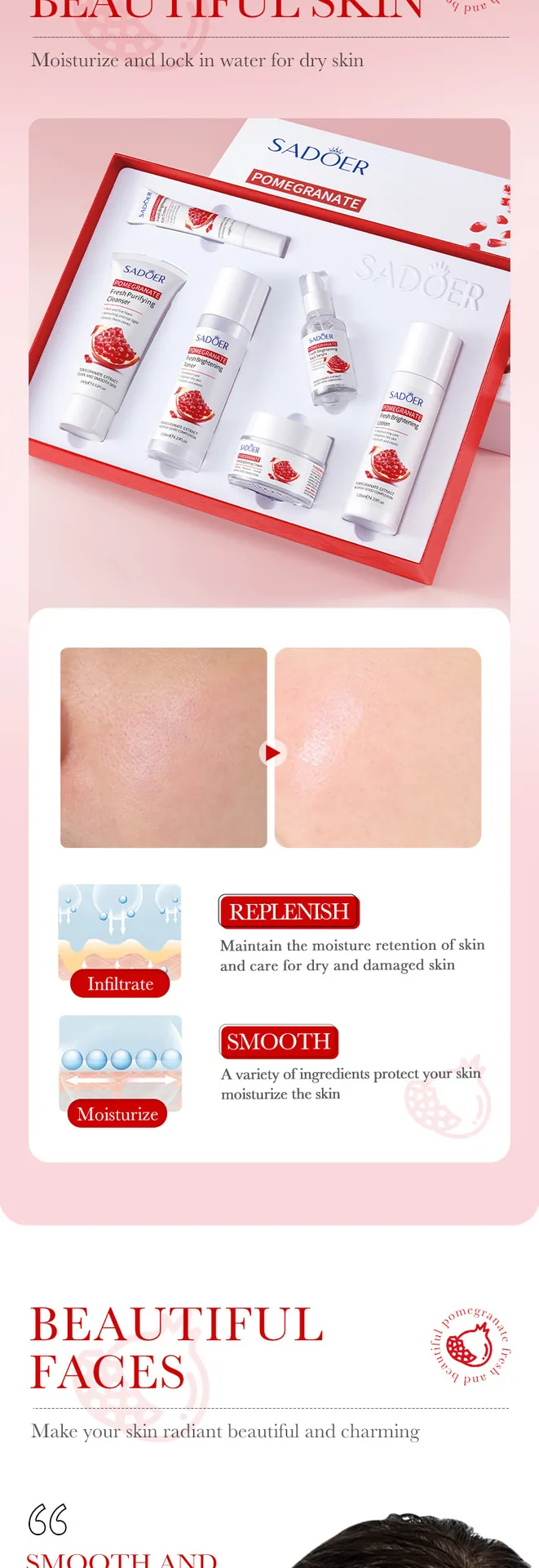 SADOER Pomegranate Skincare Set Ingredients Selling Point Picture Pomegranate Extract Hydrating and Moisturizing Cross border