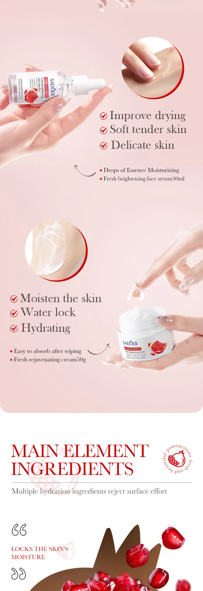 Page 10 of SADOER Pomegranate Skin Care Set, a close-up of moisturizing facial mask essence solution, is a cross-border hot s