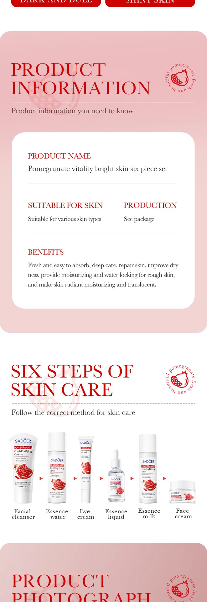 Page 14 of SADOER Pomegranate Skin Care Set, a close-up of facial mask packaging process details, highlighting the English lo