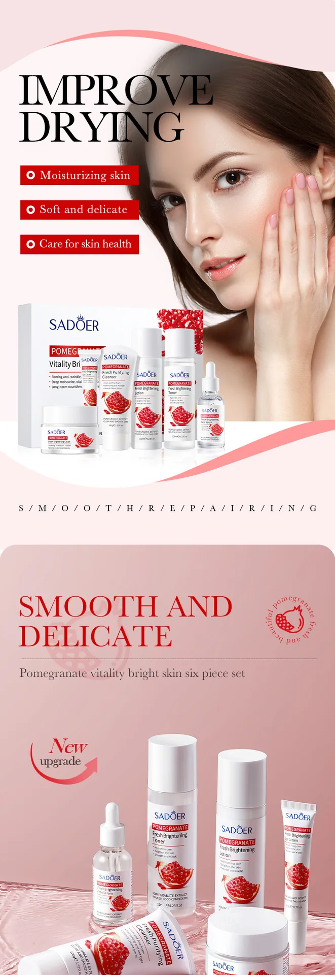 Sheet 12 of SADOER Pomegranate Skin Care Set, a comparison picture of various colors and styles, showing different packaging 