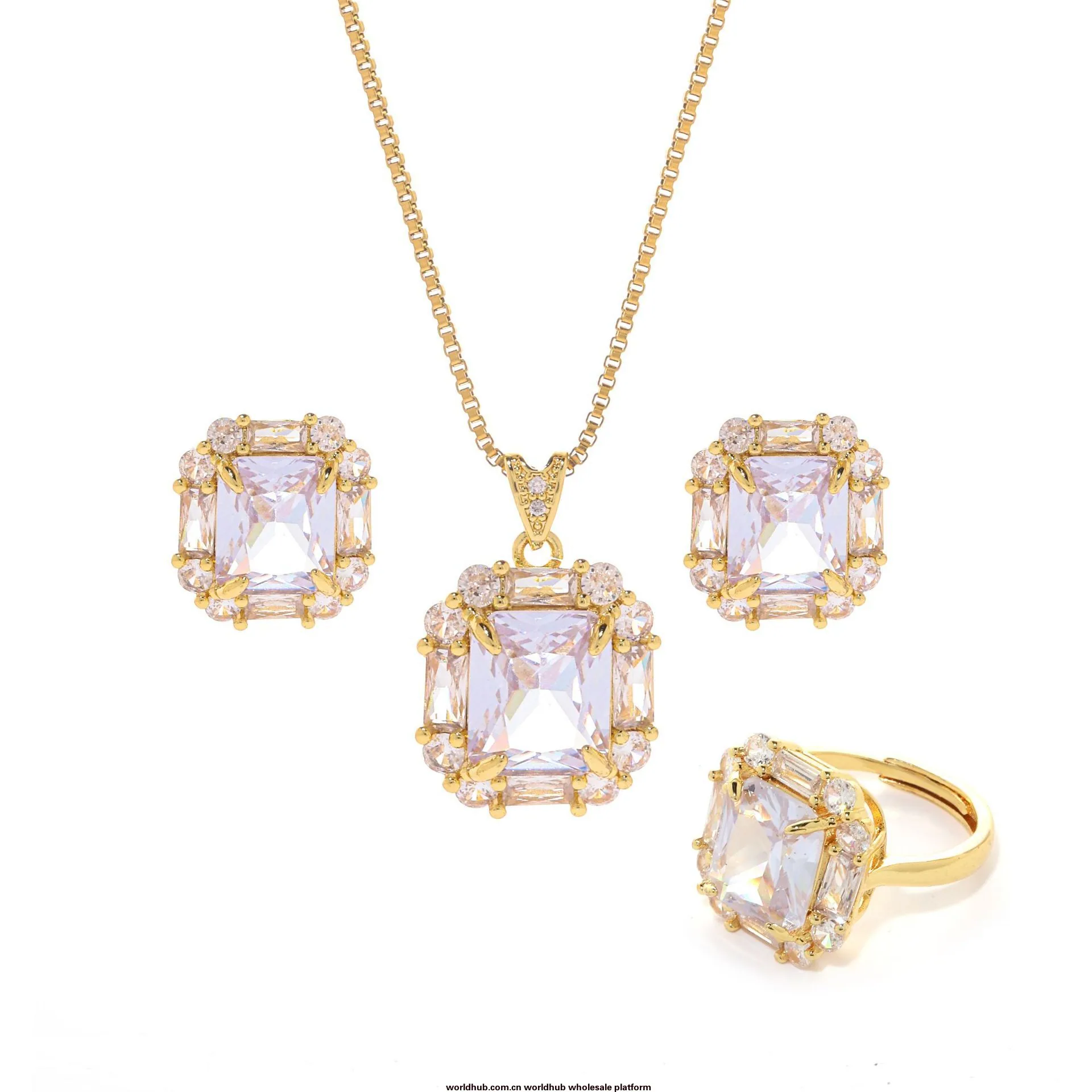 ใหม่สแควร์Zirconชุดเครื่องประดับVINTAGE Courtสไตล์Sugar Cubeสร้อยคอแหวนต่างหูสามชิ้นชุดของขวัญ 4