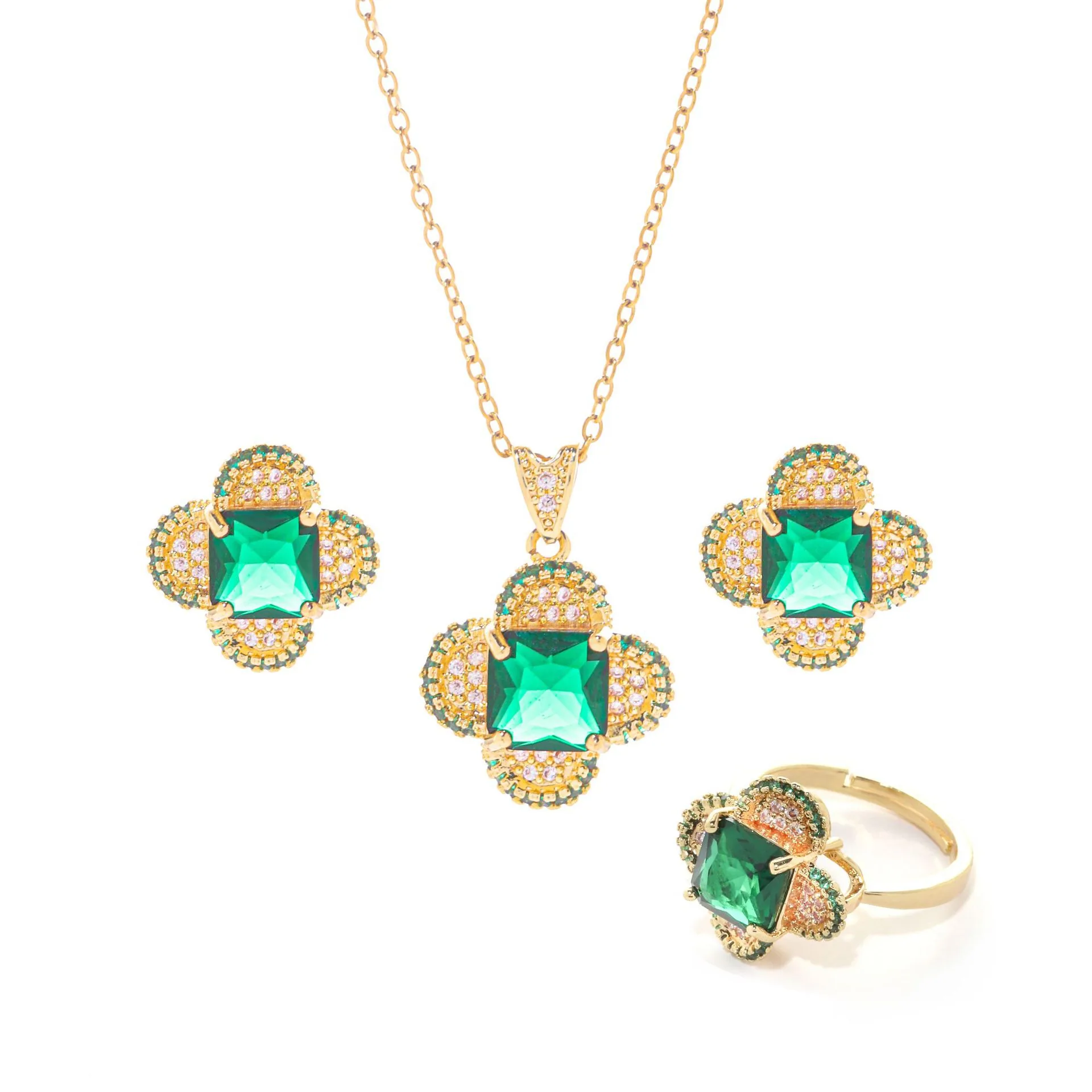 Jewelry set, emerald full diamond, four-leaf clover necklace, ring, stud earrings, three-piece set, fresh, retro, simple, and no 4
