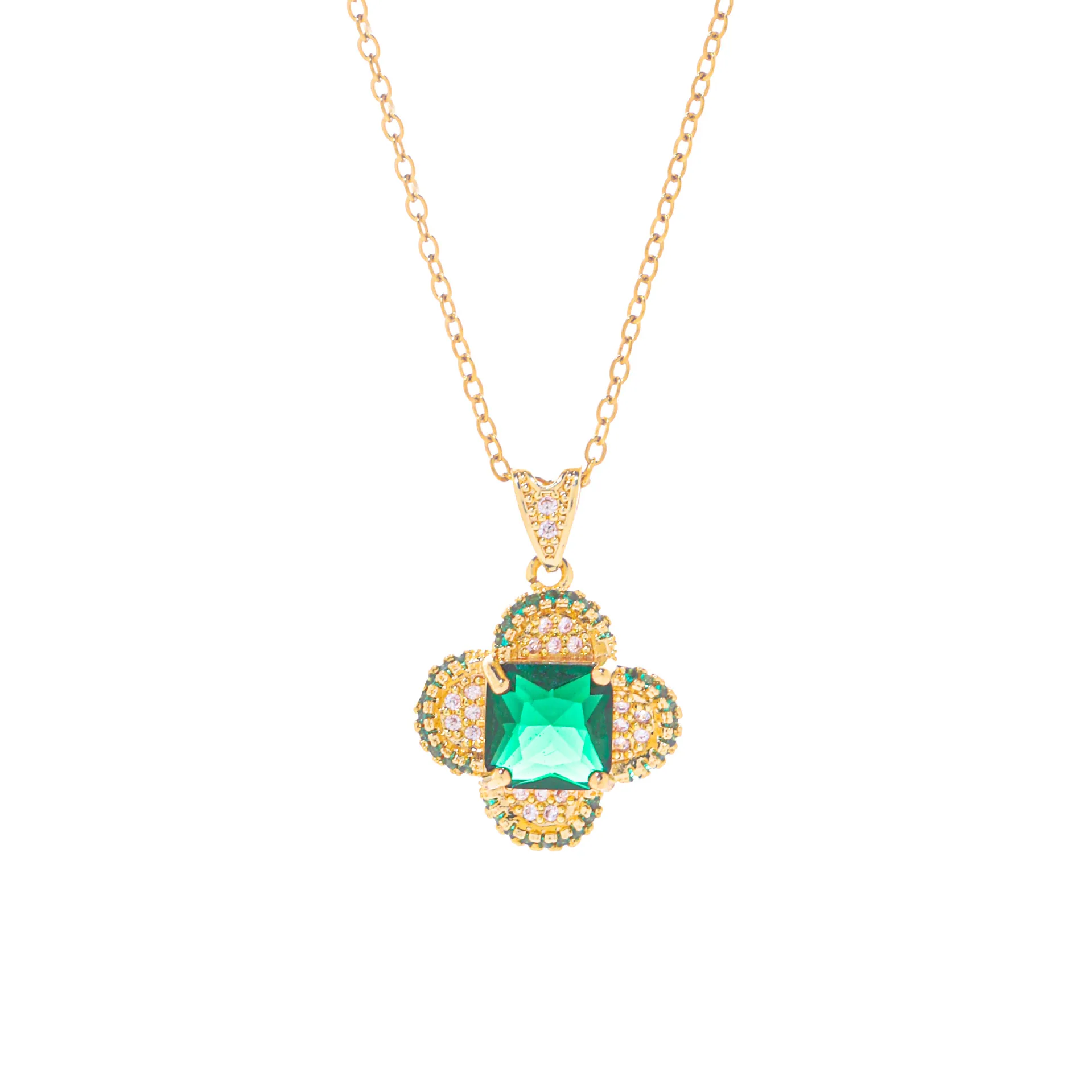 Jewelry set, emerald full diamond, four-leaf clover necklace, ring, stud earrings, three-piece set, fresh, retro, simple, and no