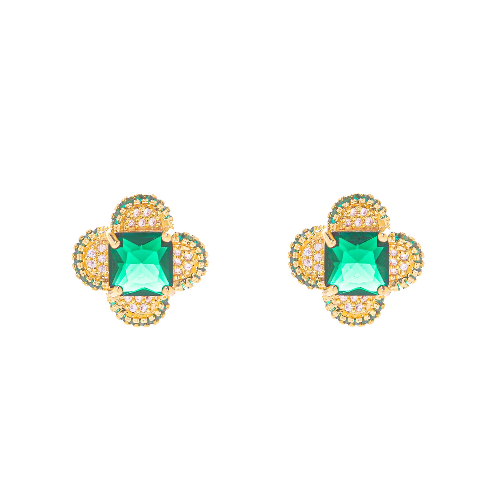 Jewelry set, emerald full diamond, four-leaf clover necklace, ring, stud earrings, three-piece set, fresh, retro, simple, and no 2