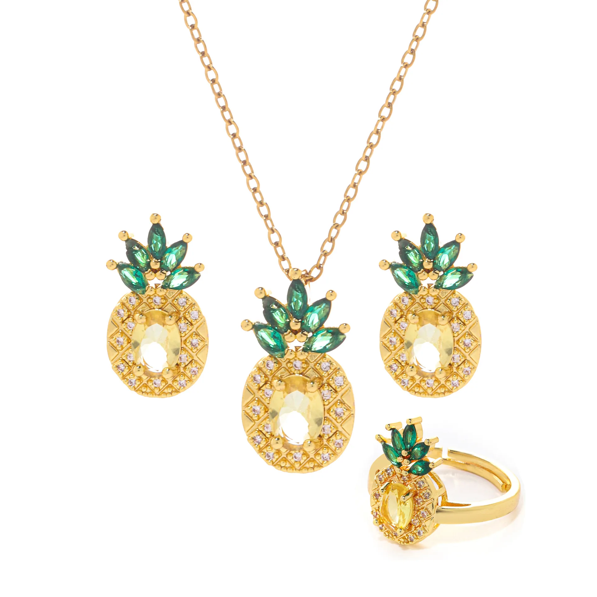 European and American fashion copper gold-plated gold zircon jewelry luxury pineapple versatile set cross-border womens ring nec 4