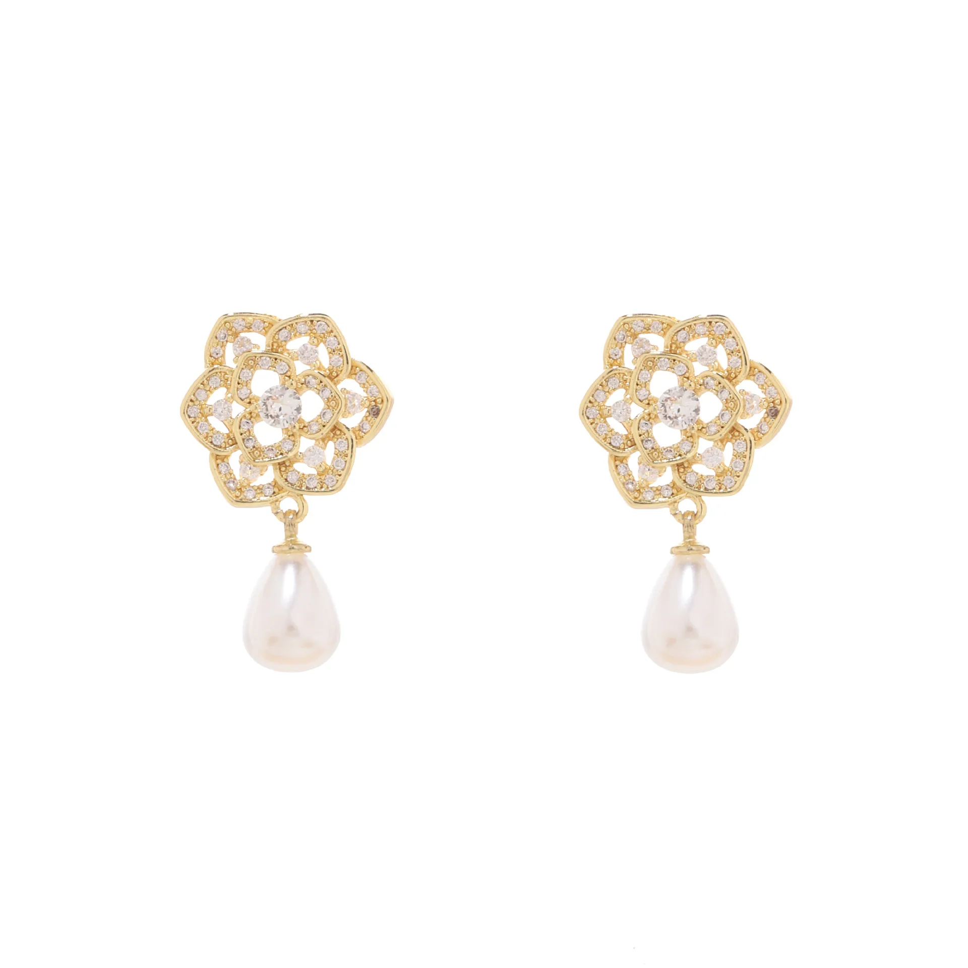 Light luxury high-end inlaid zircon pearl jewelry, French vintage womens titanium steel necklace earrings, flower jewelry set 2