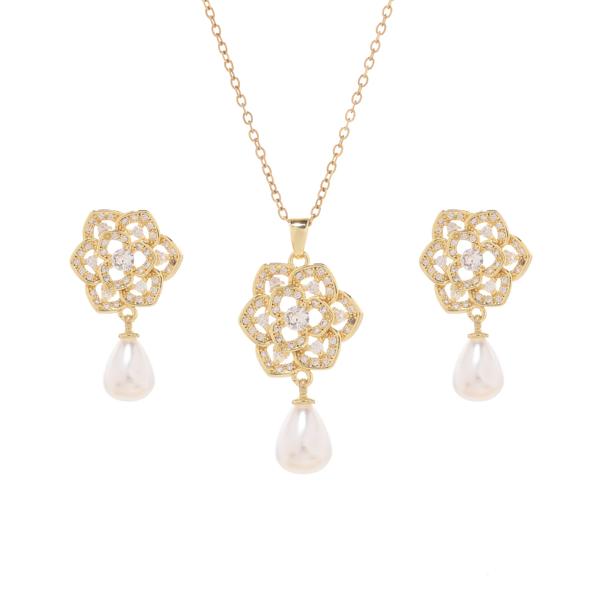 Light luxury high-end inlaid zircon pearl jewelry, French vintage womens titanium steel necklace earrings, flower jewelry set 3