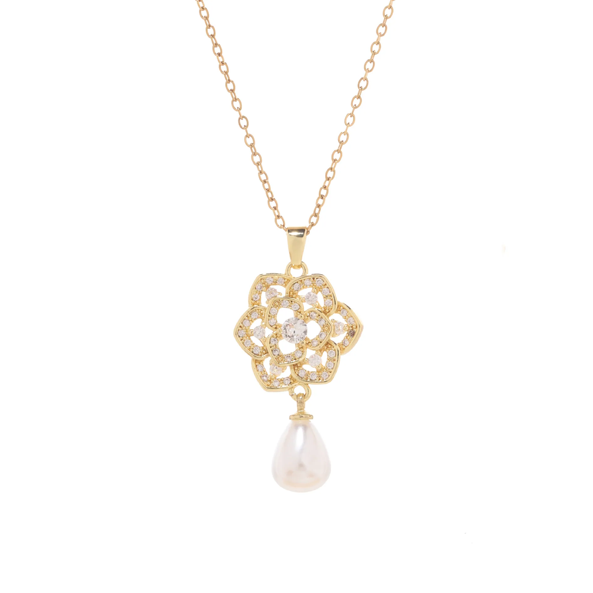 Light luxury high-end inlaid zircon pearl jewelry, French vintage womens titanium steel necklace earrings, flower jewelry set