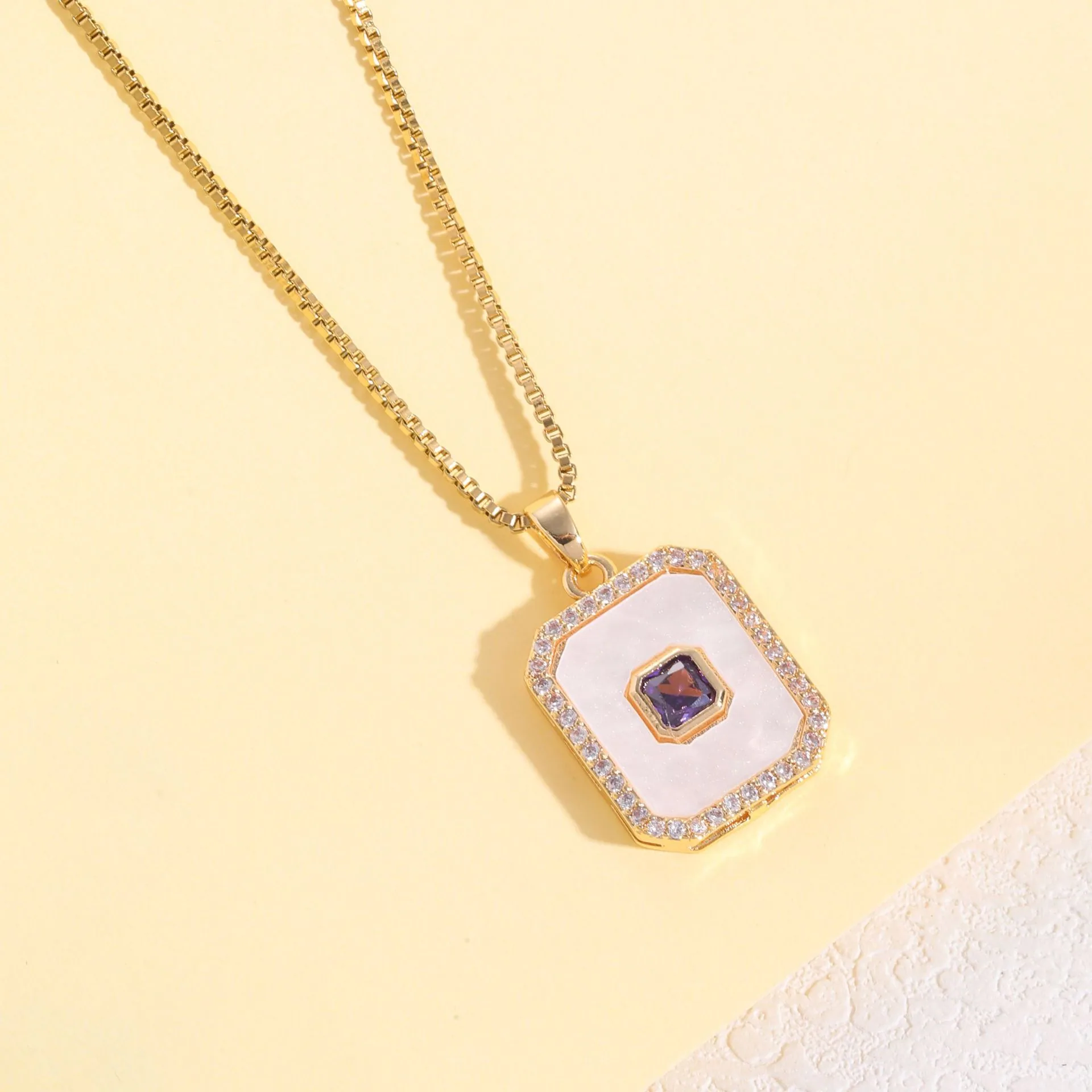 Light luxury purple zircon square brand necklace stud rings do not fade women's jewelry set high-end Yiwu accessories