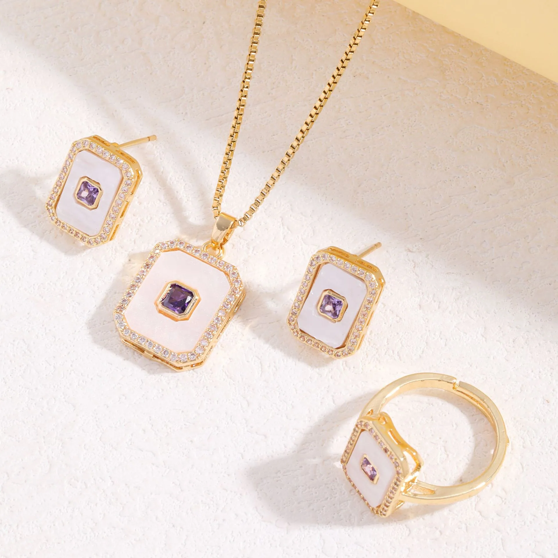 Light luxury purple zircon square brand necklace stud rings do not fade women's jewelry set high-end Yiwu accessories 4